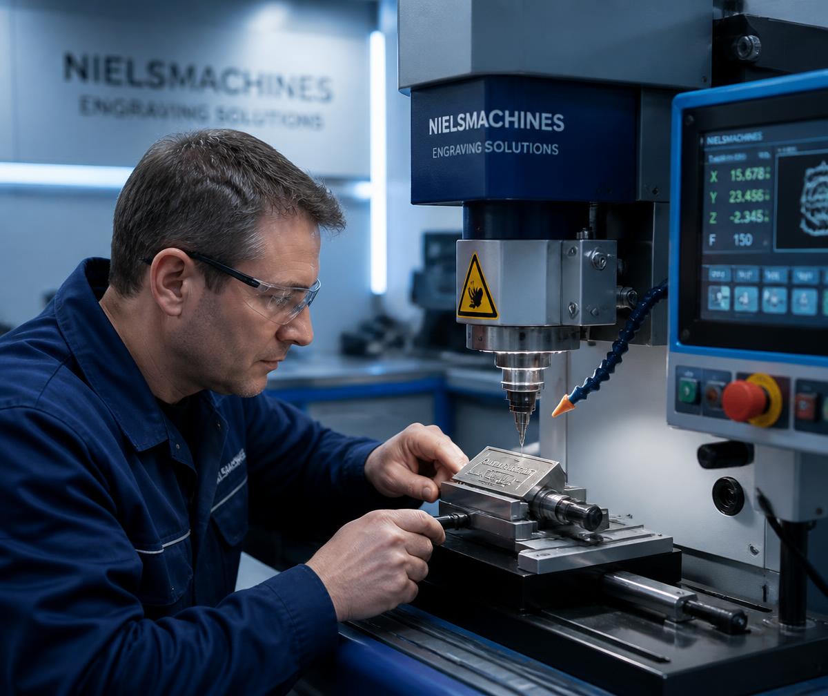 Craftsman operating a precision engraving machine to make a custom stamp plate