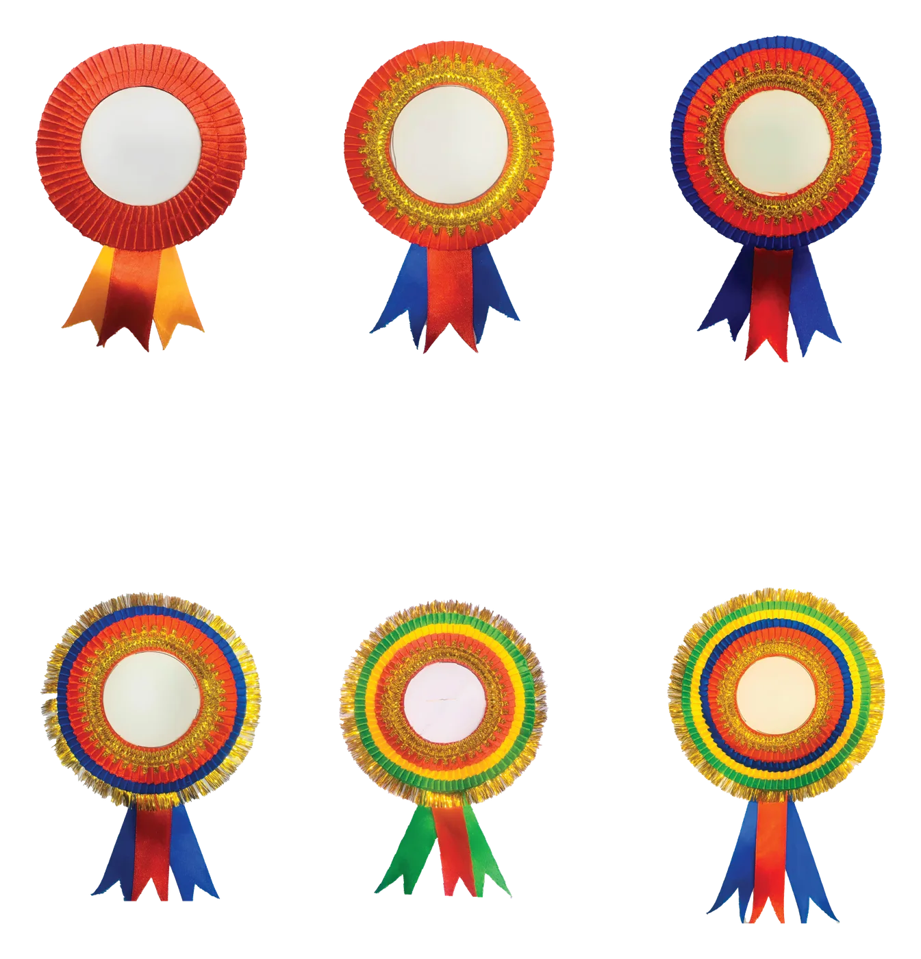 Colourful fabric rosette badges with ribbons, made to pin on uniforms and garments